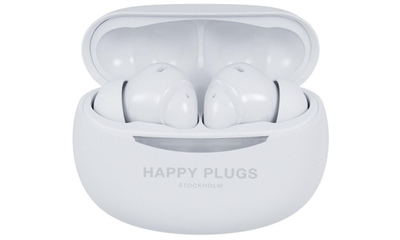 Słuchawki bezprzewodowe Happy Plugs Joy Pro z ANC Białe - Widok od przodu wraz z otwartym etui ładującym