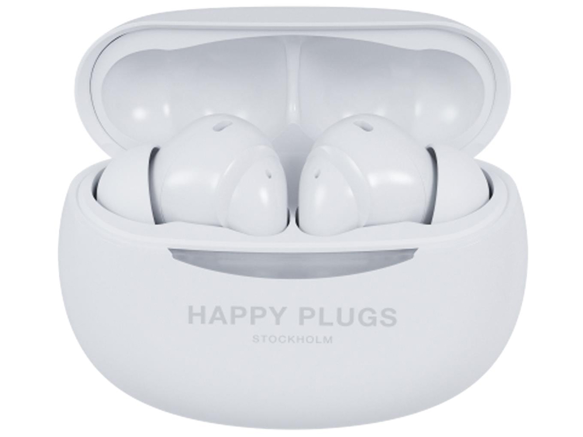 Słuchawki bezprzewodowe Happy Plugs Joy Pro z ANC Białe - Widok od przodu wraz z otwartym etui ładującym