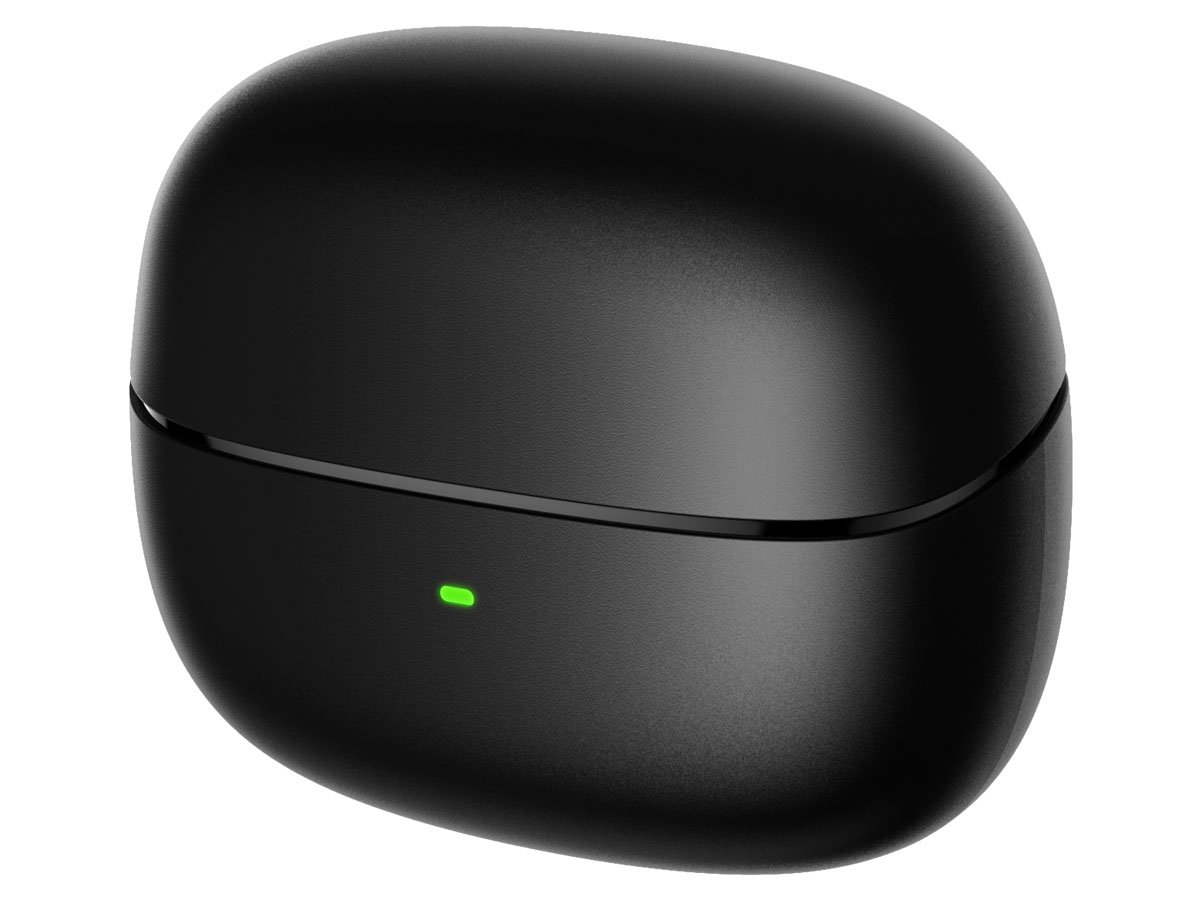 HATOR Hyperpunk Truepods Hybrid ANC Czarne - Widok od przodu pod kątem zamkniętego etui ładującego
