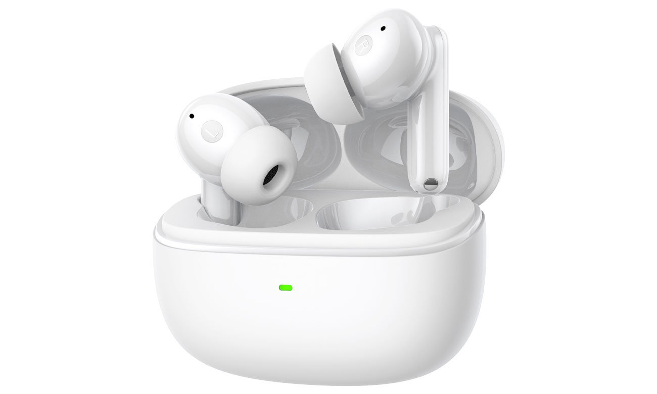 HATOR Hyperpunk Truepods Hybrid ANC Białe - Widok od przodu pod kątem wraz z otwartym etui ładującym