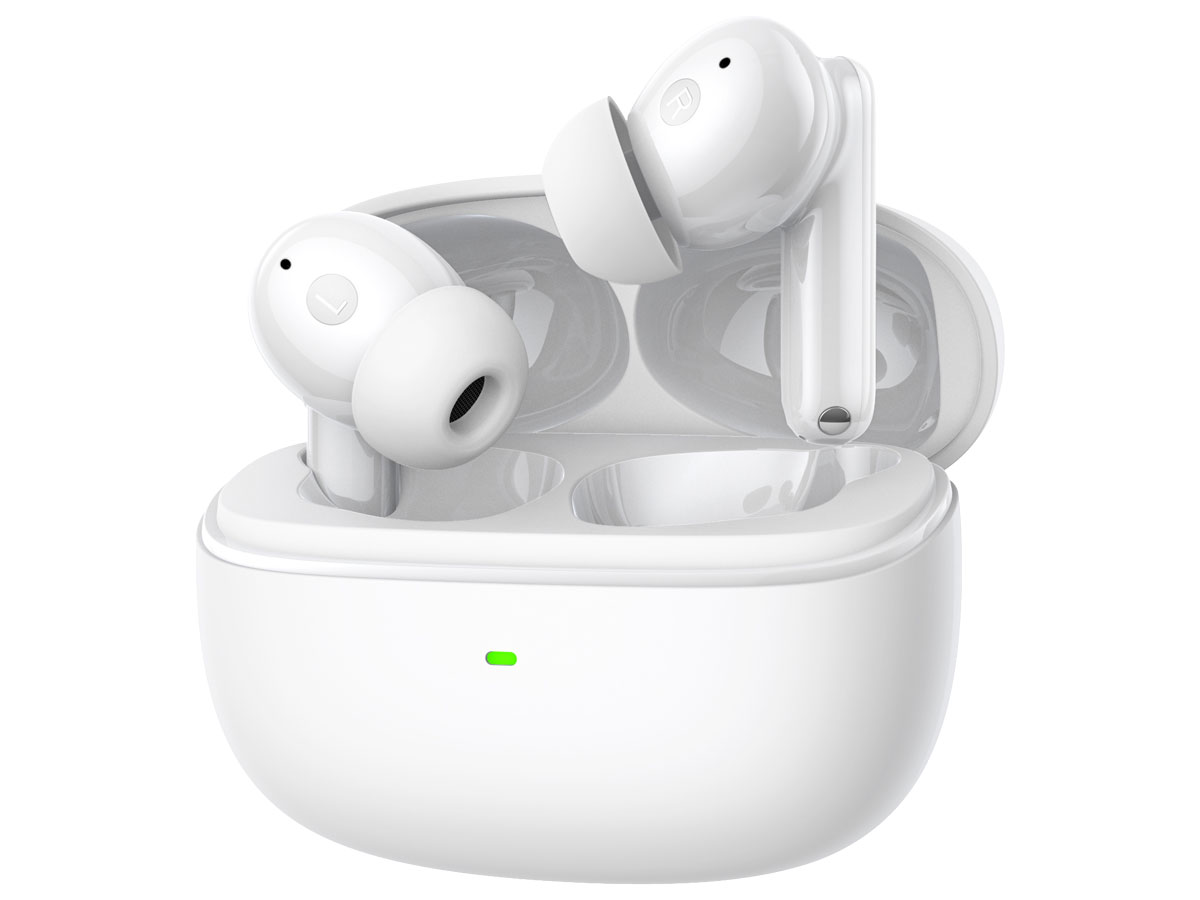 HATOR Hyperpunk Truepods Hybrid ANC Białe - Widok od przodu pod kątem wraz z otwartym etui ładującym