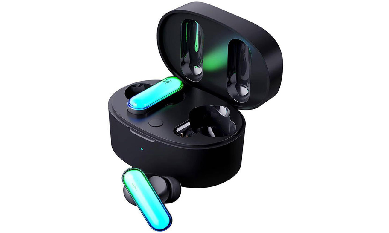 Słuchawki bezprzewodowe HHOGene GPods Czarne - Widok od przodu pod kątem wraz z otwartym etui ładującym