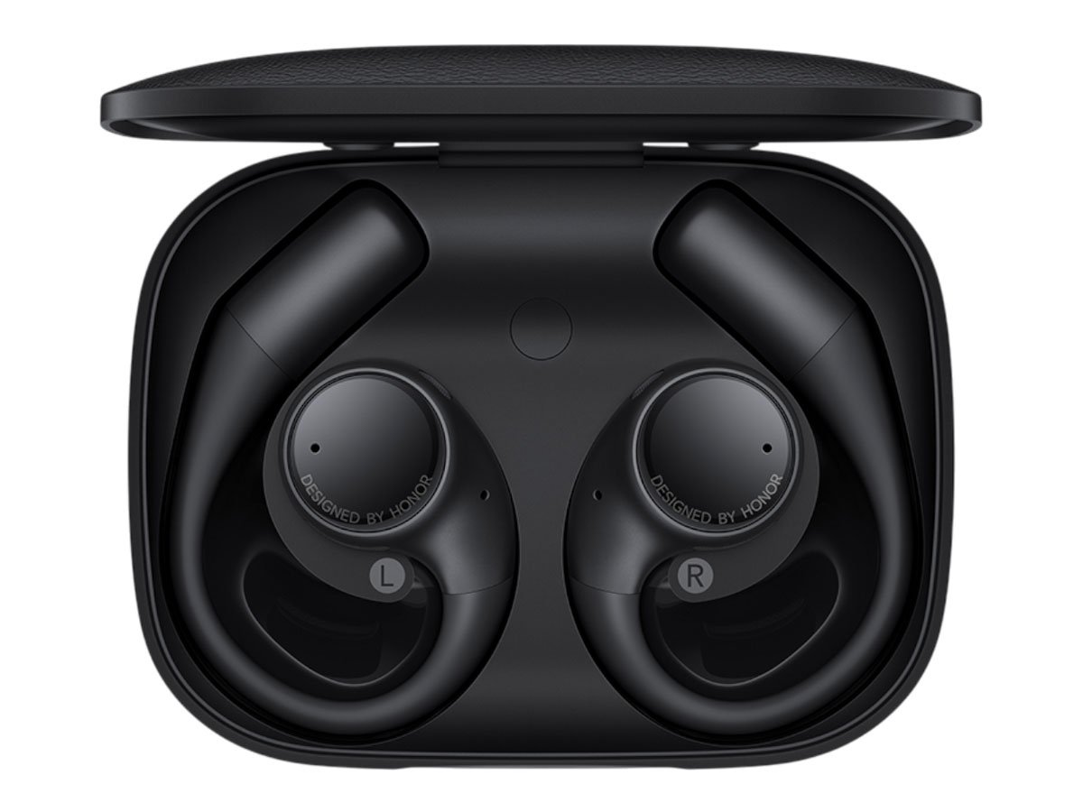 Słuchawki bezprzewodowe HONOR Earbuds Open Polar Black - Widok od góry wraz z otwartym etui ładującym