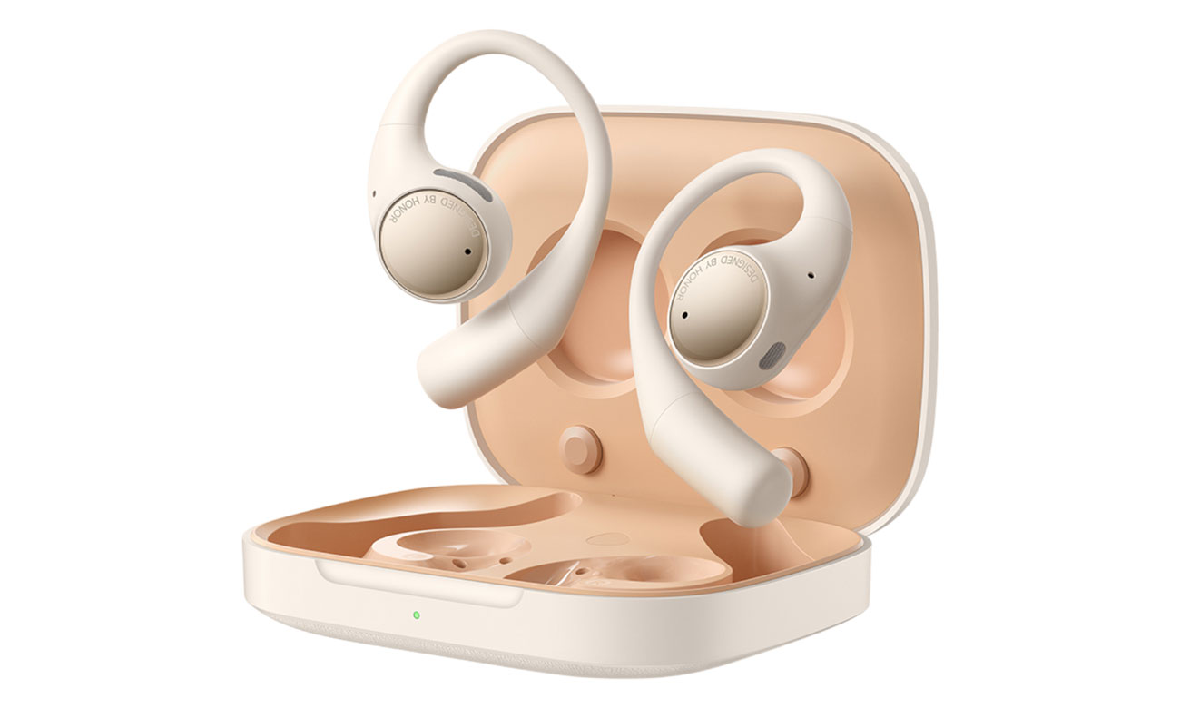 Słuchawki bezprzewodowe HONOR Earbuds Open Polar Gold - Widok od przodu pod kątem wraz z otwartym etui ładującym