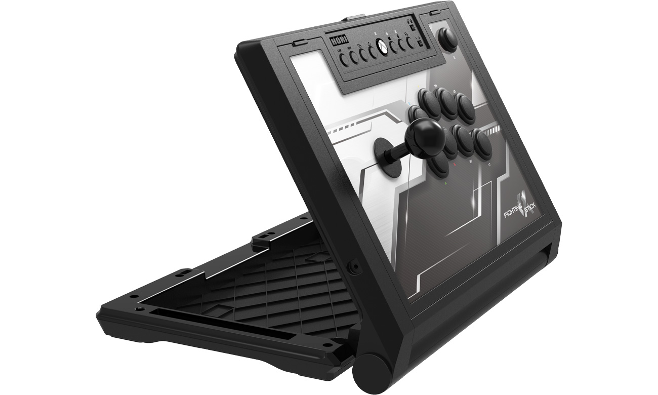 Joystick HORI XS Fighting Stick - Widok od przodu pod kątem, otwarta obudowa