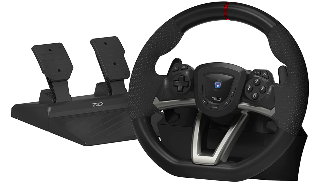 Kierownica HORI Racing Wheel Pro Deluxe do Nintendo Switch - Widok od przodu pod kątem wraz z pedałami