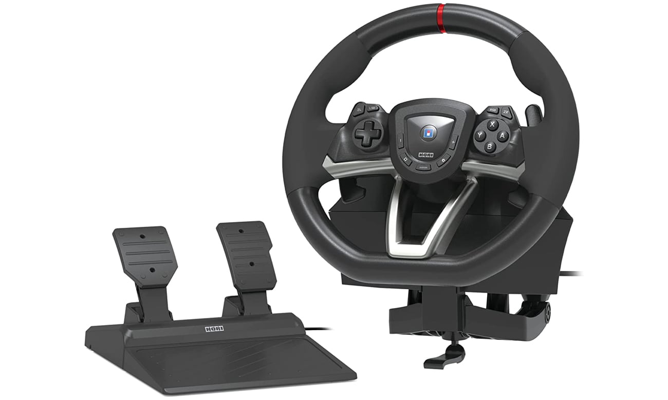 Kierownica HORI Racing Wheel Pro Deluxe do Nintendo Switch - Widok od przodu pod kątem wraz z pedałami