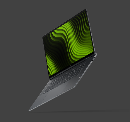 Czarny laptop HP OmniBook Ultra pokazany pod kątem z otwartym ekranem wyświetlającym zieloną grafikę.