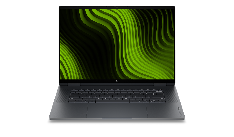 Czarny, otwarty laptop HP OmniBook Ultra przodem, z zieloną abstrakcyjną grafiką na ekranie.