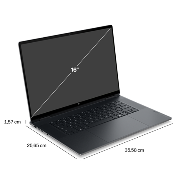 Laptop HP OmniBook Ultra z wymiarami 35.58 cm, 25.65 cm, 1.57 cm oraz ekranem 16 cali.