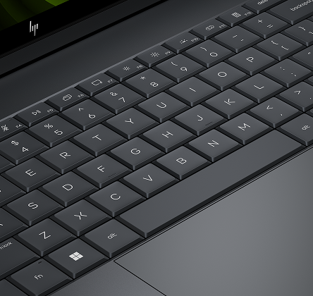 Zbliżenie na czarną klawiaturę laptopa HP OmniBook Ultra z widocznymi klawiszami i przyciskiem Windows.