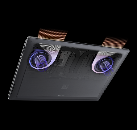 Przekrój spodu laptopa HP OmniBook Ultra pokazujący wentylator oraz przepływ powietrza.
