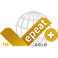 Złote logo EPEAT (Electronic Product Environmental Assessment Tool) z plusem i czakiem na tle globu