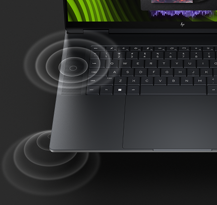 Fragment klawiatury i prawego głośnika laptopa HP OmniBook Ultra z nakładającymi się rozchodzącymi się falami.