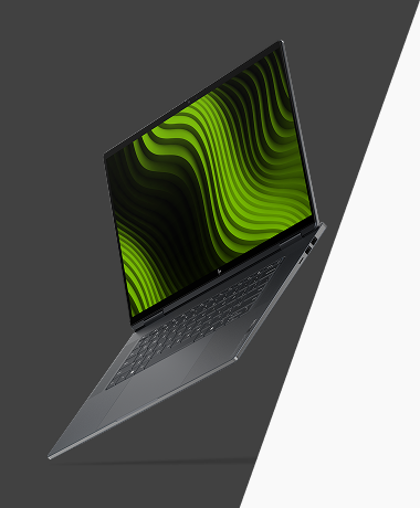 Czarny laptop HP OmniBook Ultra pokazany pod kątem z otwartym ekranem wyświetlającym zieloną grafikę.