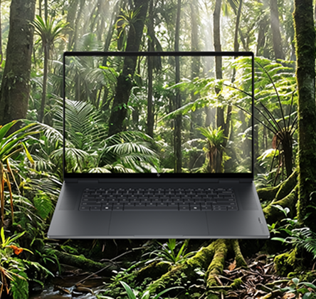 Czarny laptop HP OmniBook Ultra wyświetla tropikalny las na ekranie w otoczeniu roślinności.
