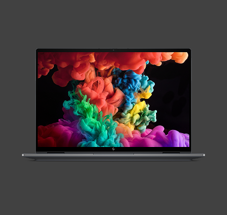 Ekran laptopa HP OmniBook Ultra wyświetlający wielobarwną, dymną grafikę na ciemnym tle.