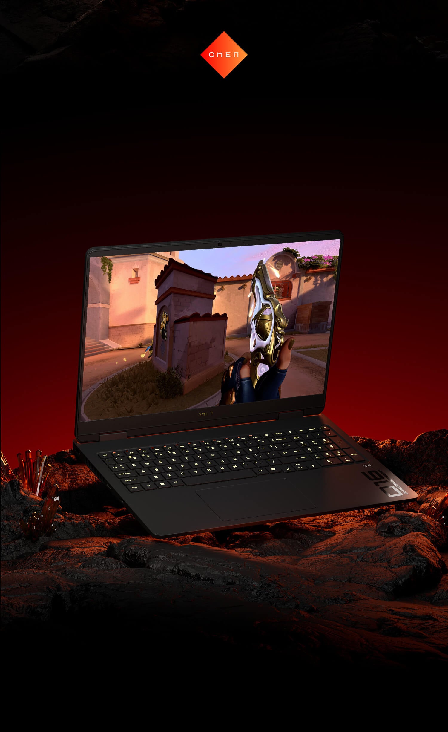 Widok na ekran laptopa HP OMEN 16 podczas rozgrywki w grę FPS na skalistym podłożu