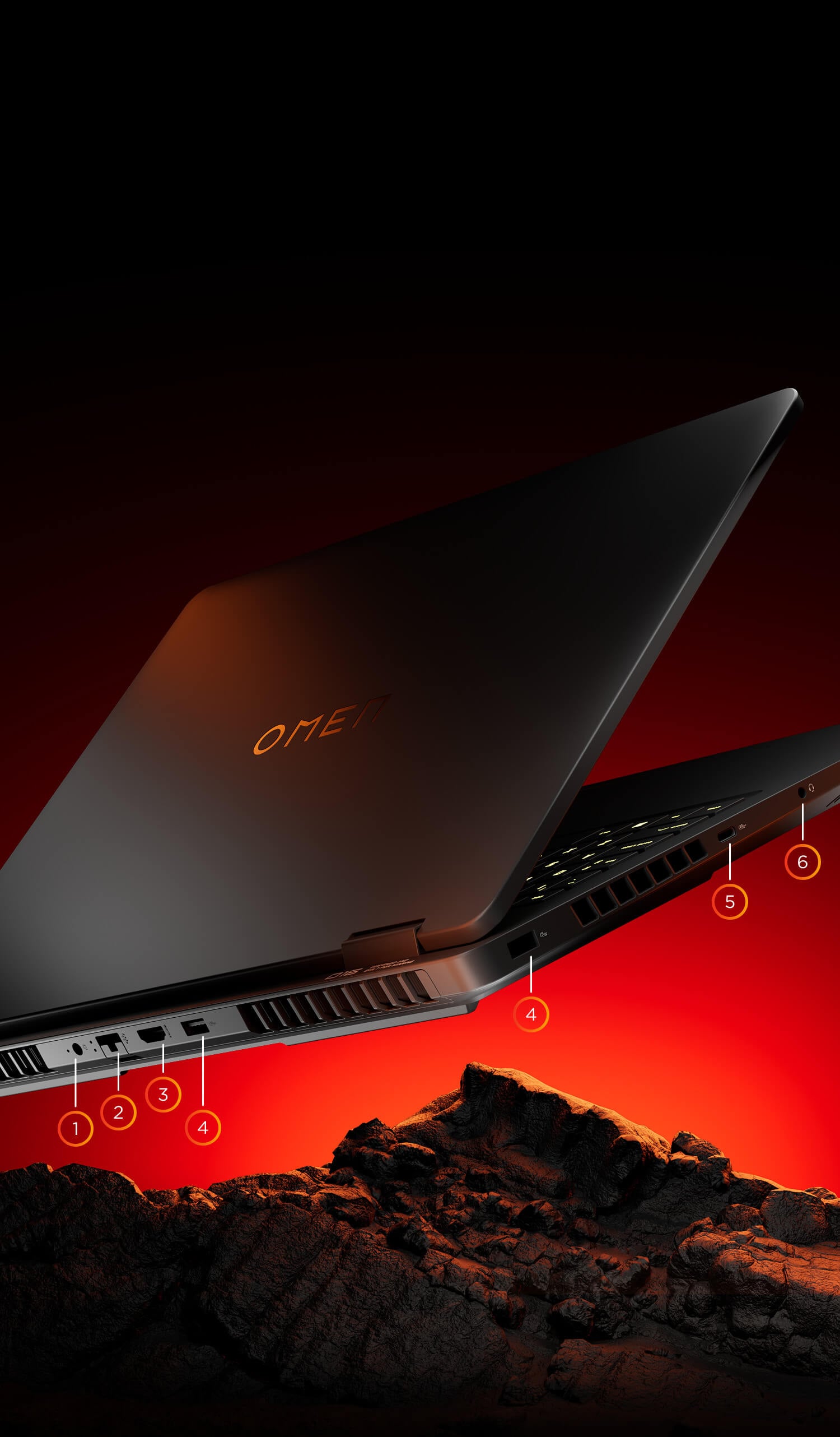 Schemat portów i złącz w laptopie HP OMEN 16 – HDMI, USB-C, RJ-45 oraz wejście zasilania