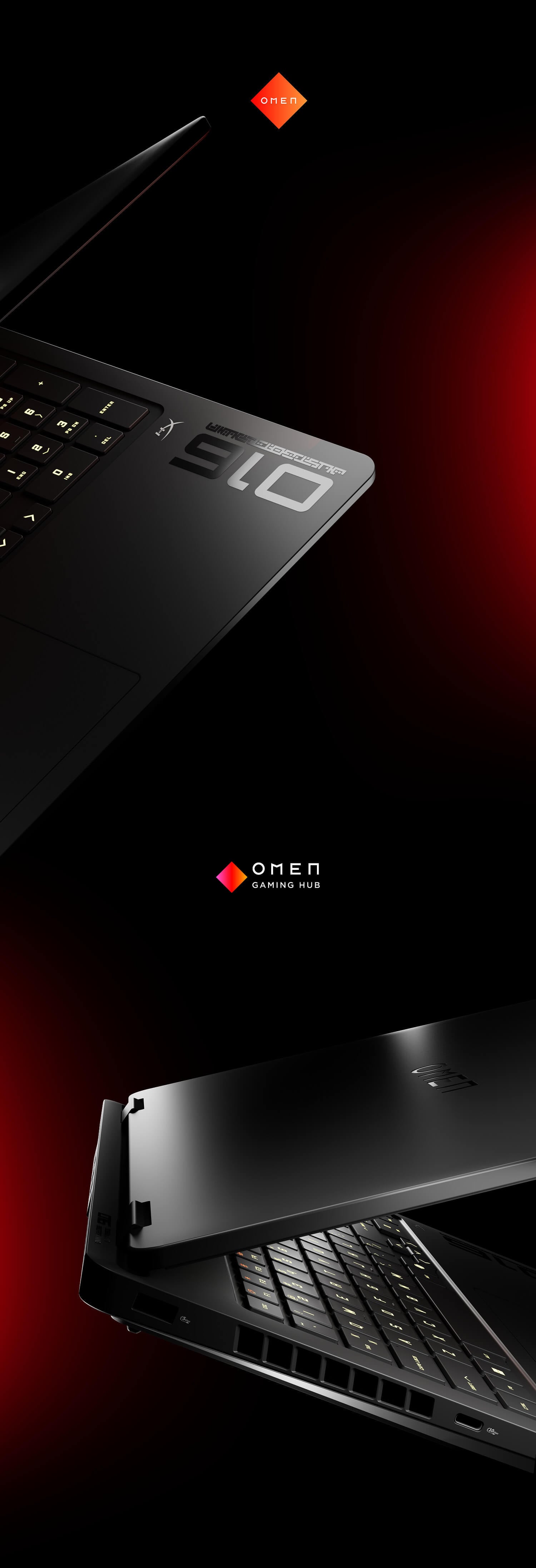 Detale designu HP OMEN 16 – logo O16 na obudowie, klawiatura RGB i logo OMEN Gaming Hub