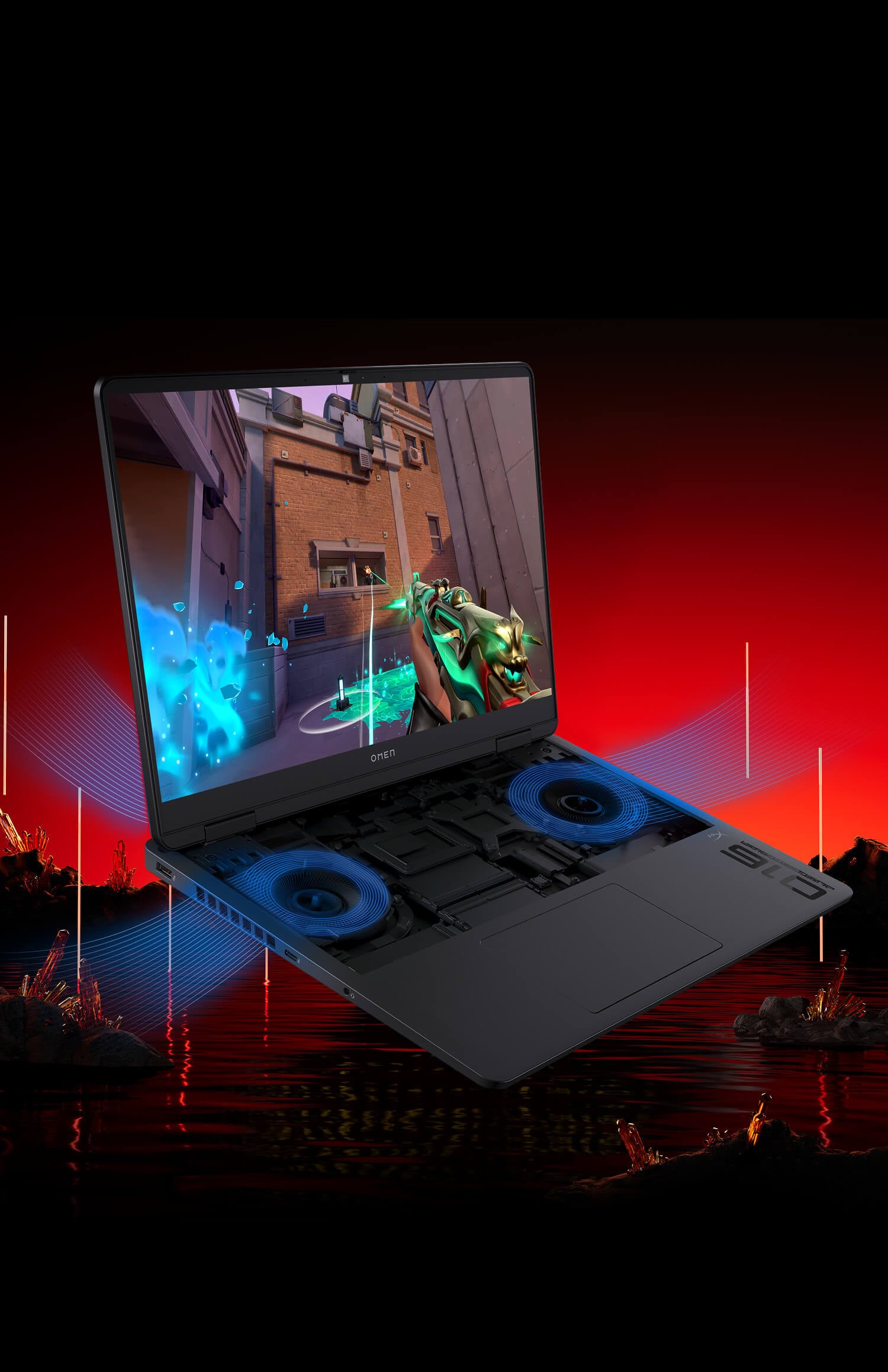 Przekrój układu chłodzenia laptopa HP OMEN 16 z widocznymi dwoma wentylatorami i niebieskim przepływem powietrza