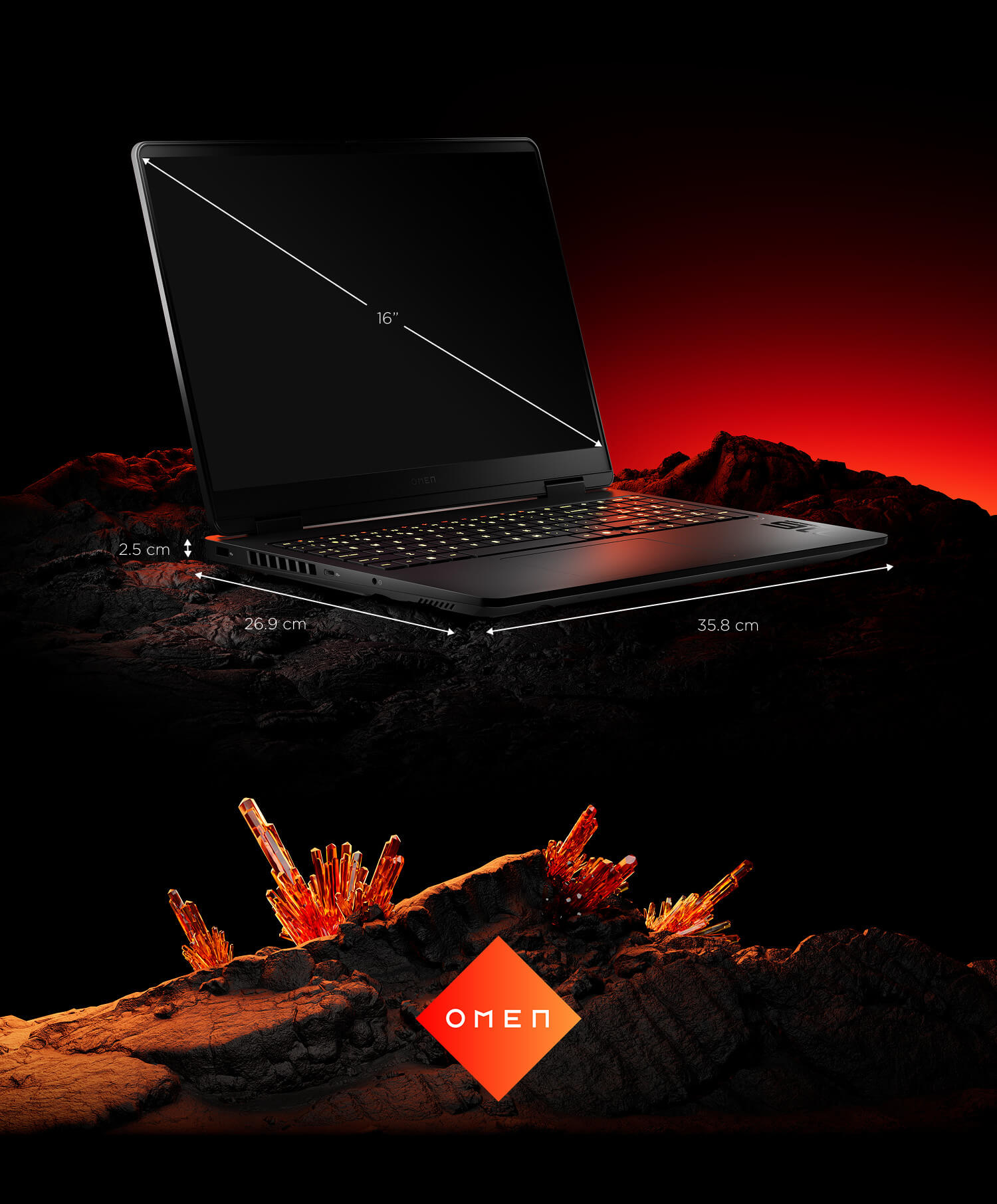 Dokładne wymiary laptopa HP OMEN 16 – ekran 16 cali, szerokość 35.8 cm i grubość 2.5 cm