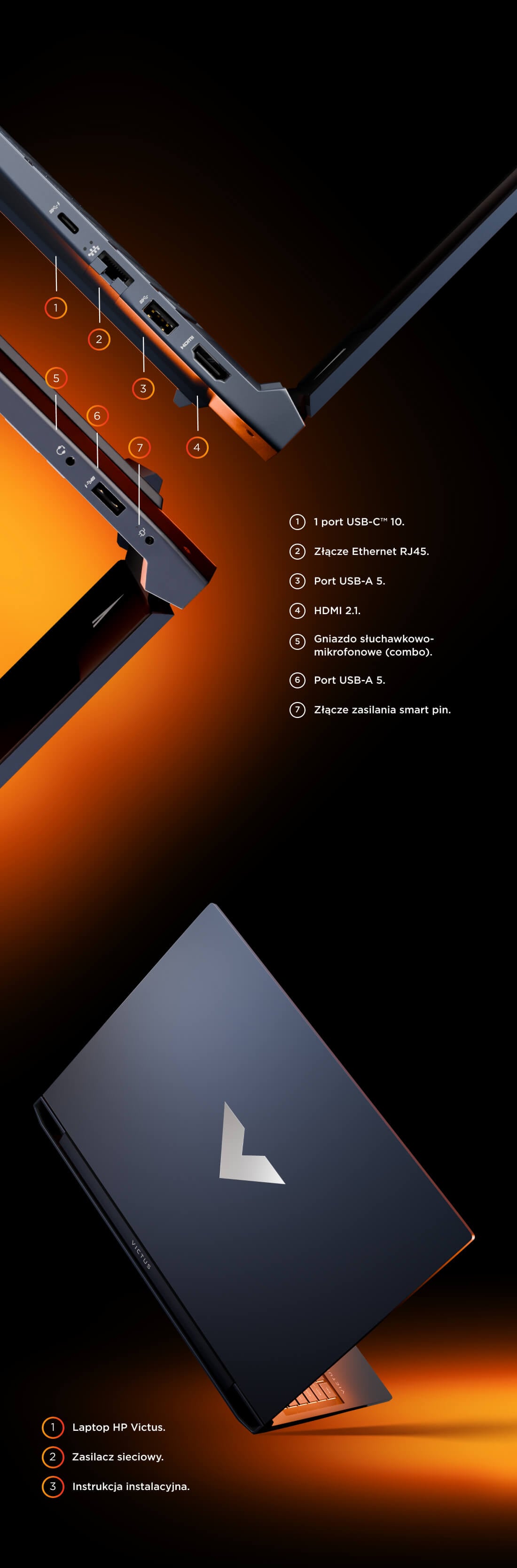 Infografika przedstawiająca rozmieszczenie portów w laptopie HP Victus (m.in. USB-C, HDMI, RJ45) oraz listę zawartości opakowania: laptop, zasilacz, instrukcja.