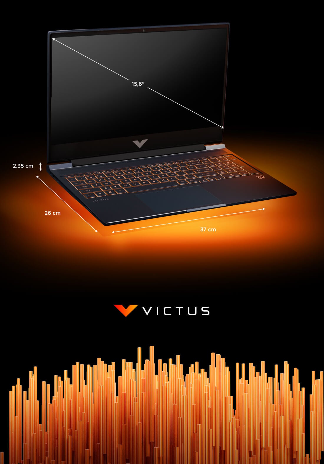 Grafika techniczna prezentująca wymiary laptopa HP Victus: przekątna ekranu 15,6 cala, szerokość 37 cm, głębokość 26 cm oraz wysokość 2,35 cm.