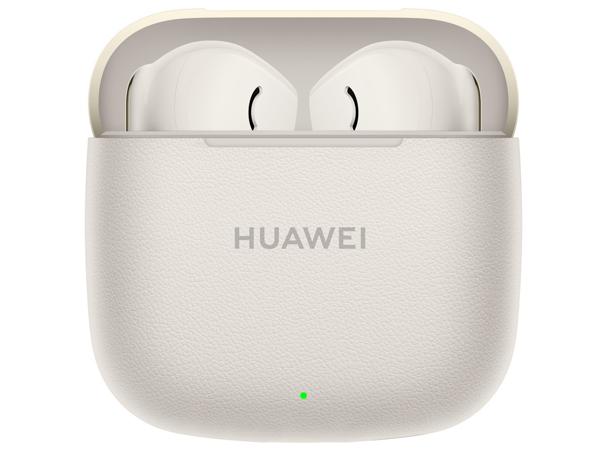 Słuchawki bezprzewodowe Huawei Freebuds SE 3 Beżowe - Widok od przodu wraz z otwartym etui ładującym