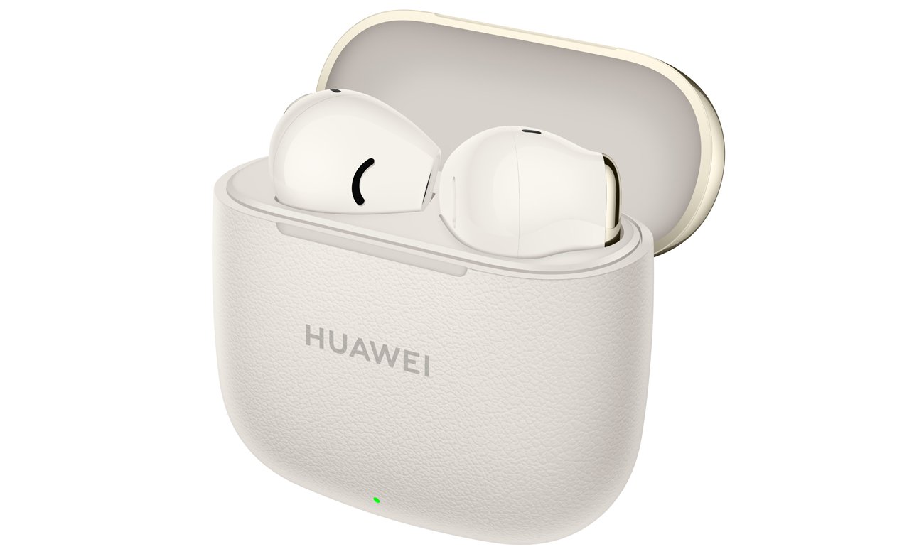 Słuchawki bezprzewodowe Huawei Freebuds SE 3 Beżowe - Widok od przodu pod kątem wraz z otwartym etui ładującym