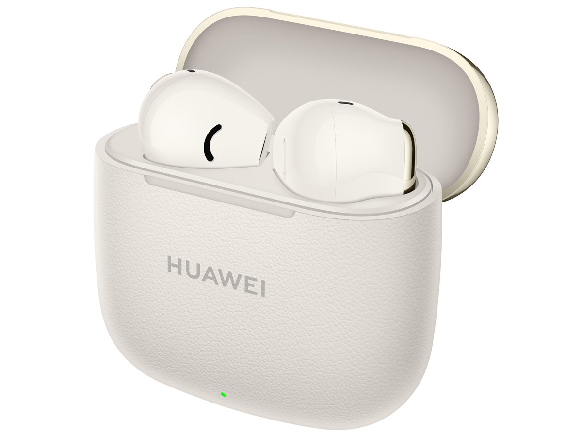Słuchawki bezprzewodowe Huawei Freebuds SE 3 Beżowe - Widok od przodu pod kątem wraz z otwartym etui ładującym