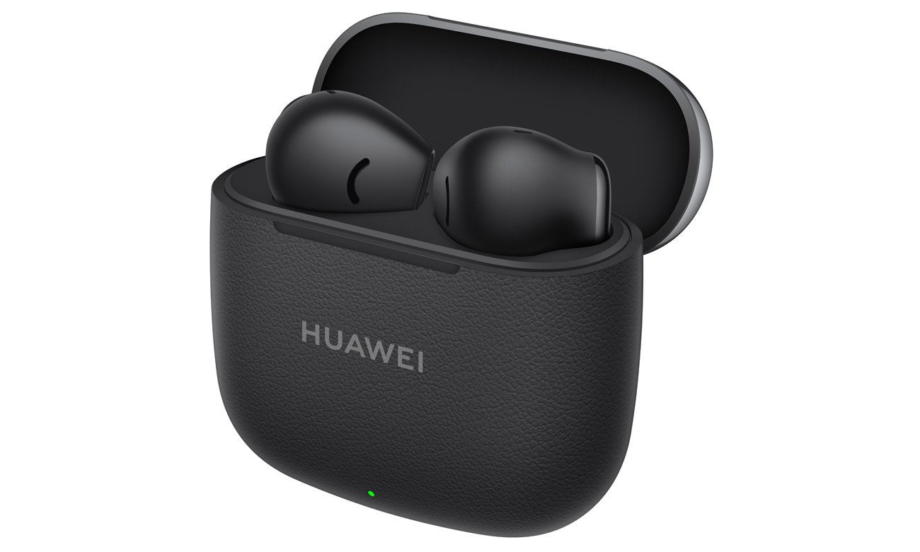 Słuchawki bezprzewodowe Huawei Freebuds SE 3 Czarne - Widok od przodu pod kątem wraz z otwartym etui ładującym