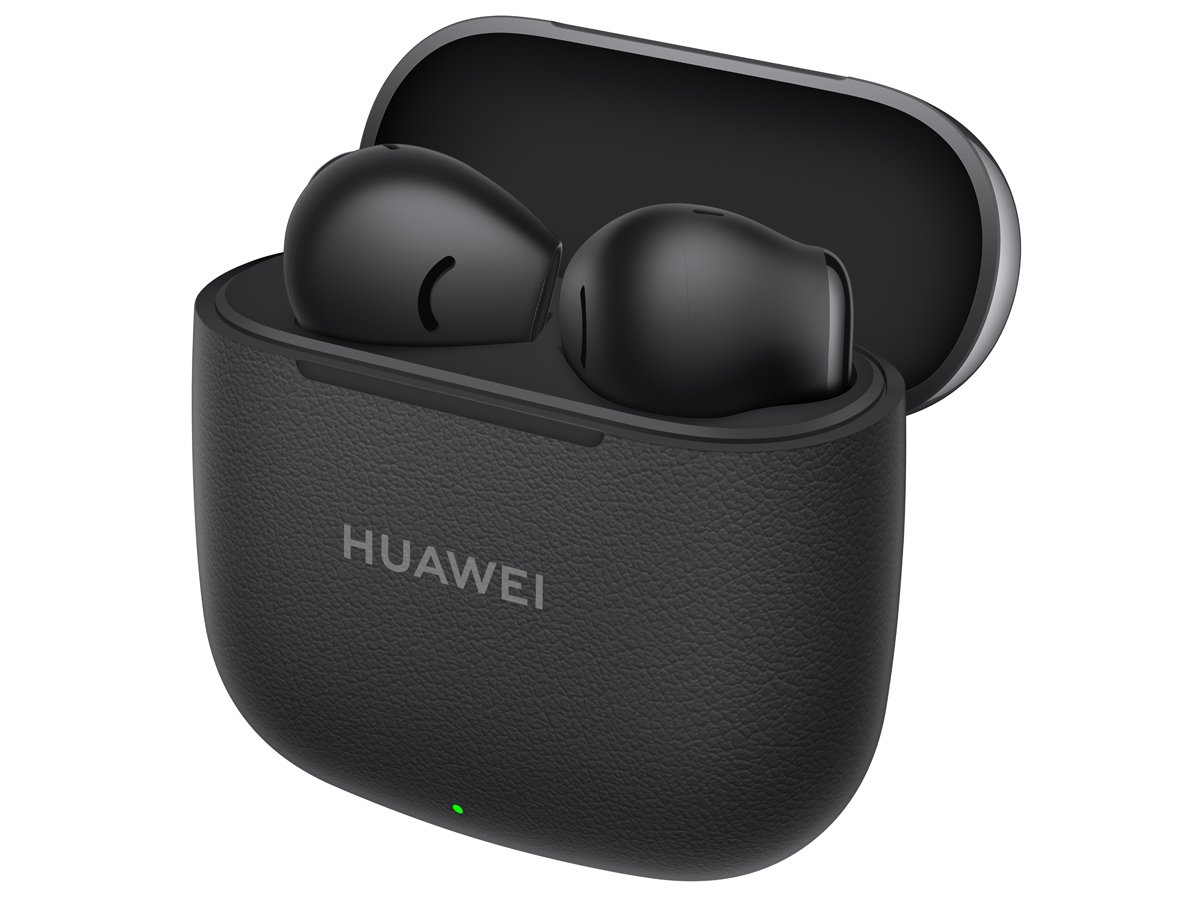 Słuchawki bezprzewodowe Huawei Freebuds SE 3 Czarne - Widok od przodu pod kątem wraz z otwartym etui ładującym