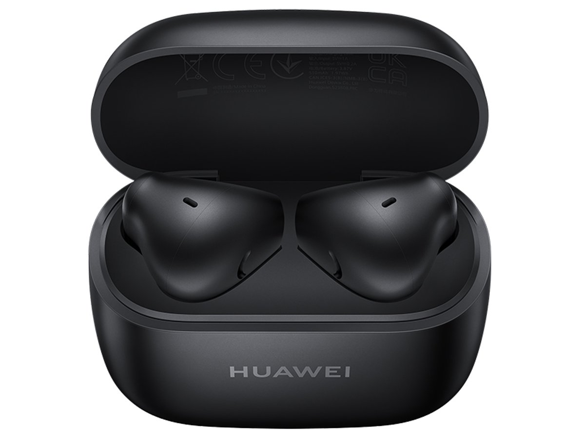 Słuchawki bezprzewodowe Huawei FreeBuds SE 2 Czarne - Widok od przodu, wraz z otwartym etui ładującym