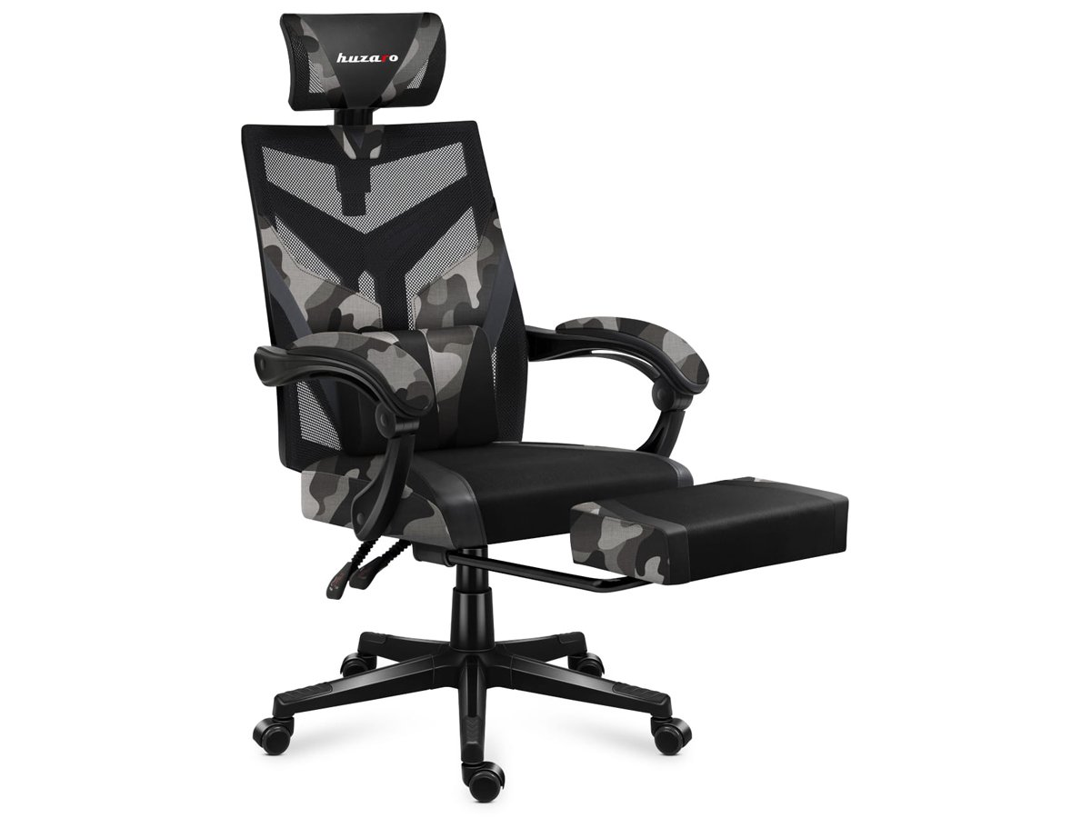 Fotel gamingowy Huzaro Combat 5.0 Camo - Widok od przodu pod kątem wraz z podnóżkiem