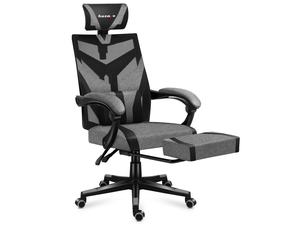 Fotel gamingowy Huzaro Combat 5.0 Grey - Widok od przodu pod kątem wraz z podnóżkiem