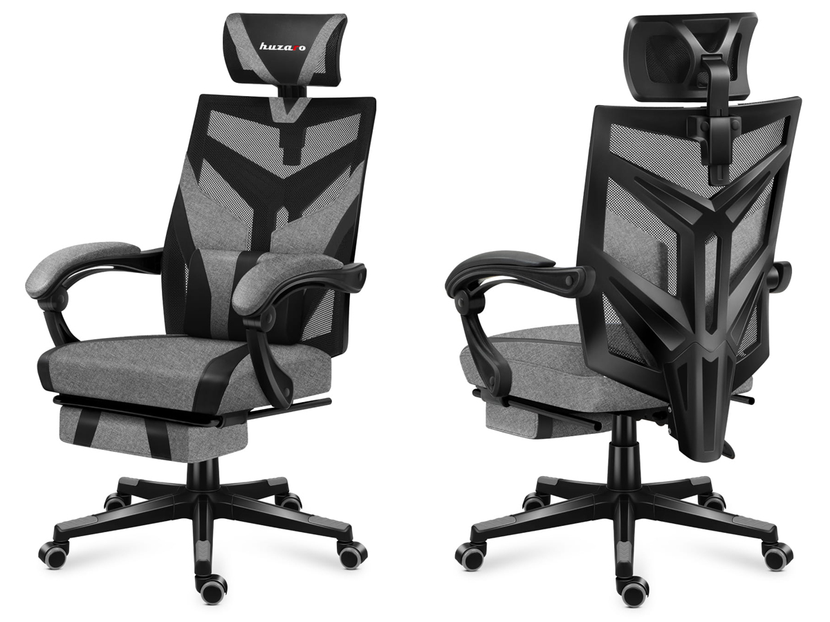 Fotel gamingowy Huzaro Combat 5.0 Grey - Widok od przodu i od tyłu pod kątem
