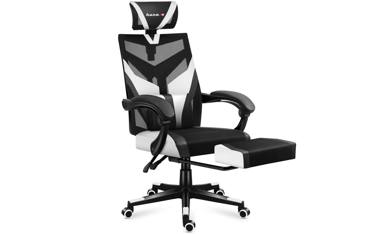 Fotel gamingowy Huzaro Combat 5.0 White - Widok od przodu pod kątem z podnóżkiem