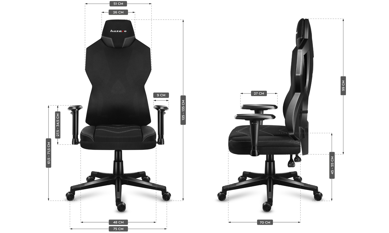 Fotel gamingowy Huzaro Combat 6.2 Black RGB - Grafika z wymiarami