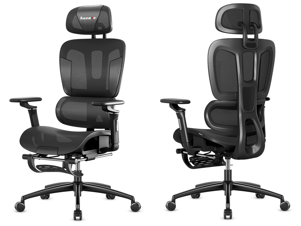 Fotel gamingowy ergonomiczny Huzaro Combat 7.9 Black - Widok od przodu i od tyłu pod kątem