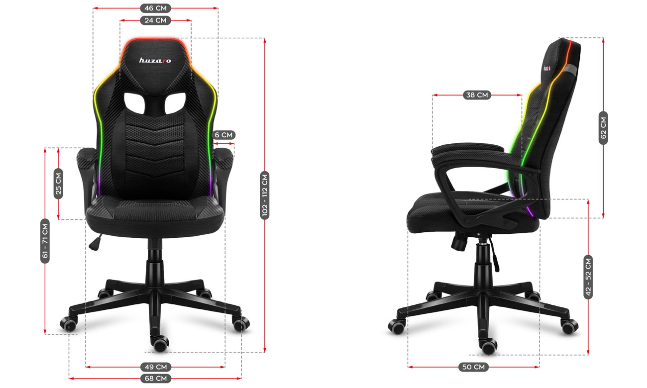 Fotel gamingowy Huzaro Force 2.5 RGB Carbon Mesh - Grafika z wymiarami
