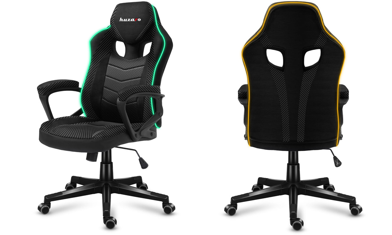 Fotel gamingowy Huzaro Force 2.5 RGB Carbon Mesh - Widok od przodu pod kątem i od tyłu