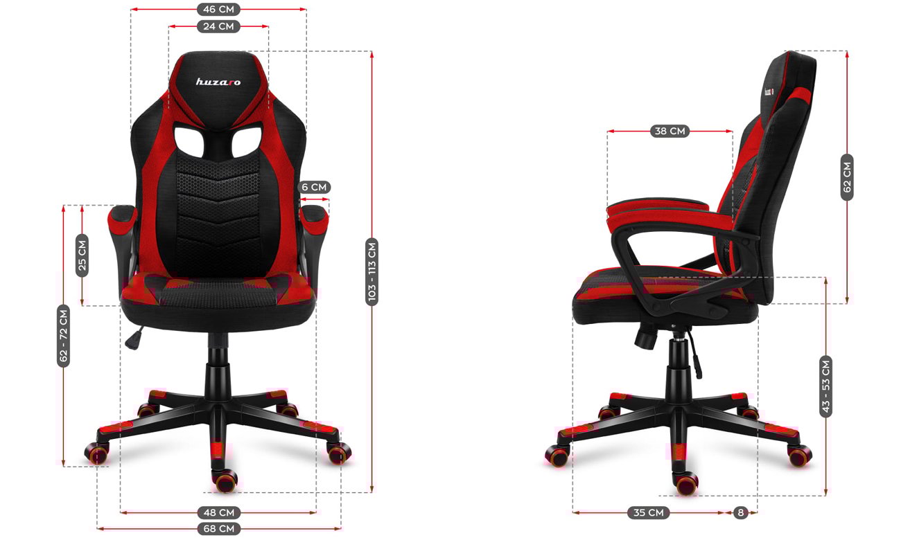 Grafika z wymiarami fotela Huzaro Force 2.5 Red Mesh