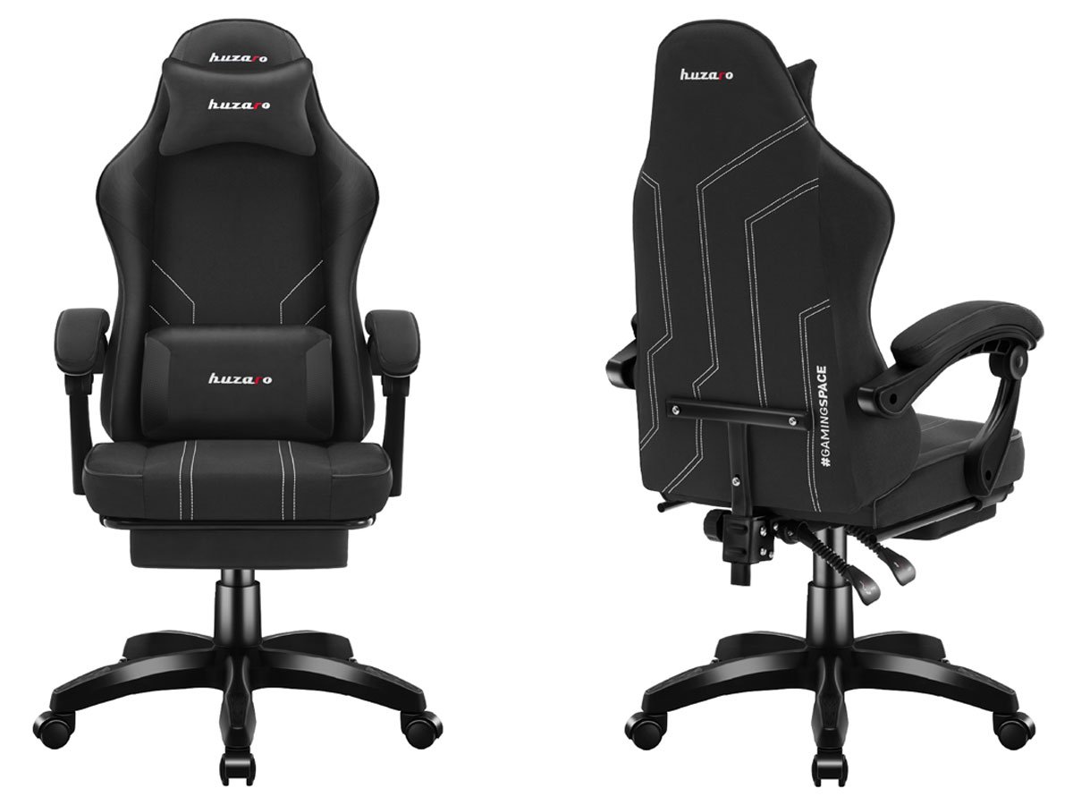 Fotel gamingowy Huzaro Force 3.7 Carbon Black - Widok od przodu i od tyłu pod kątem