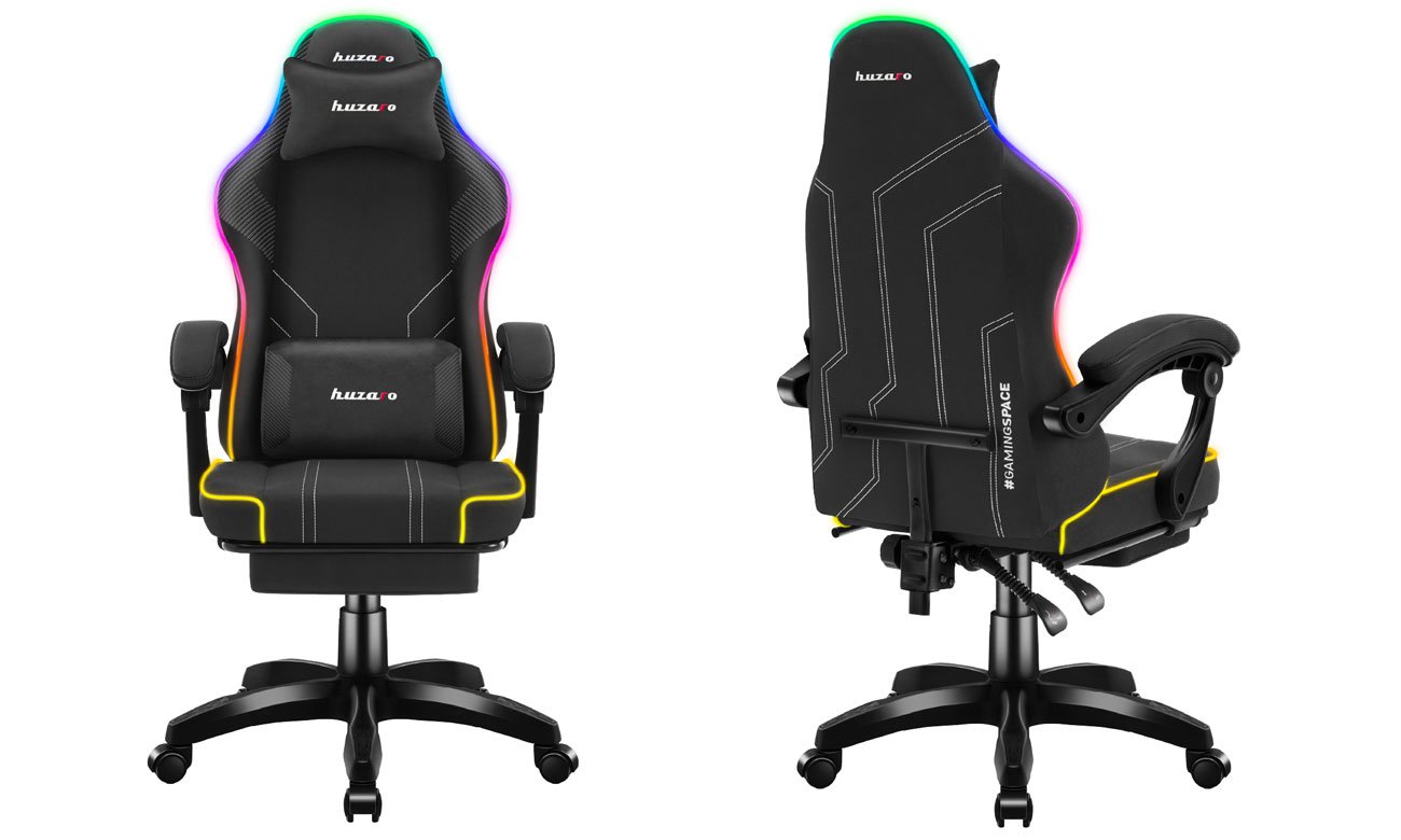 Fotel gamingowy Huzaro Force 3.7 RGB Black - Widok od przodu i od tyłu pod kątem