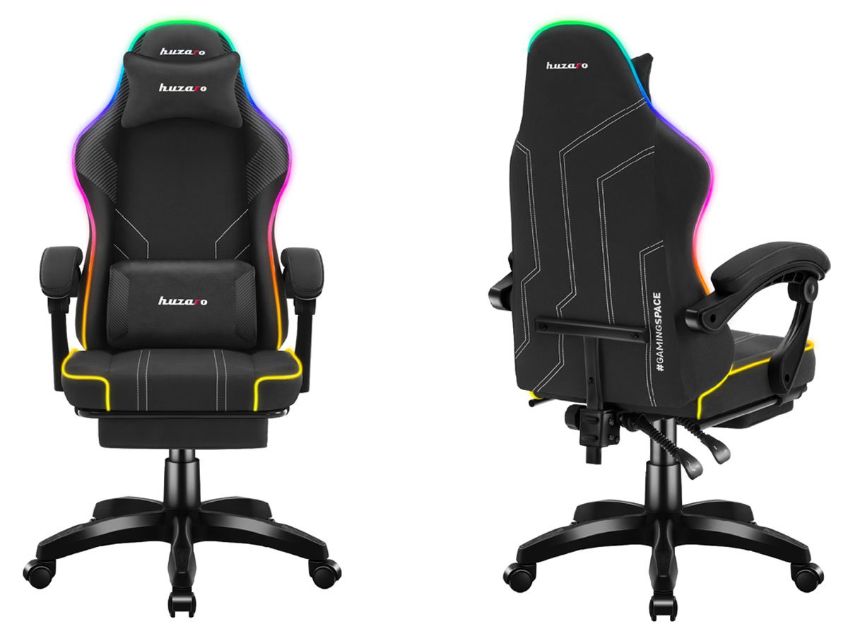 Fotel gamingowy Huzaro Force 3.7 RGB Black - Widok od przodu i od tyłu pod kątem