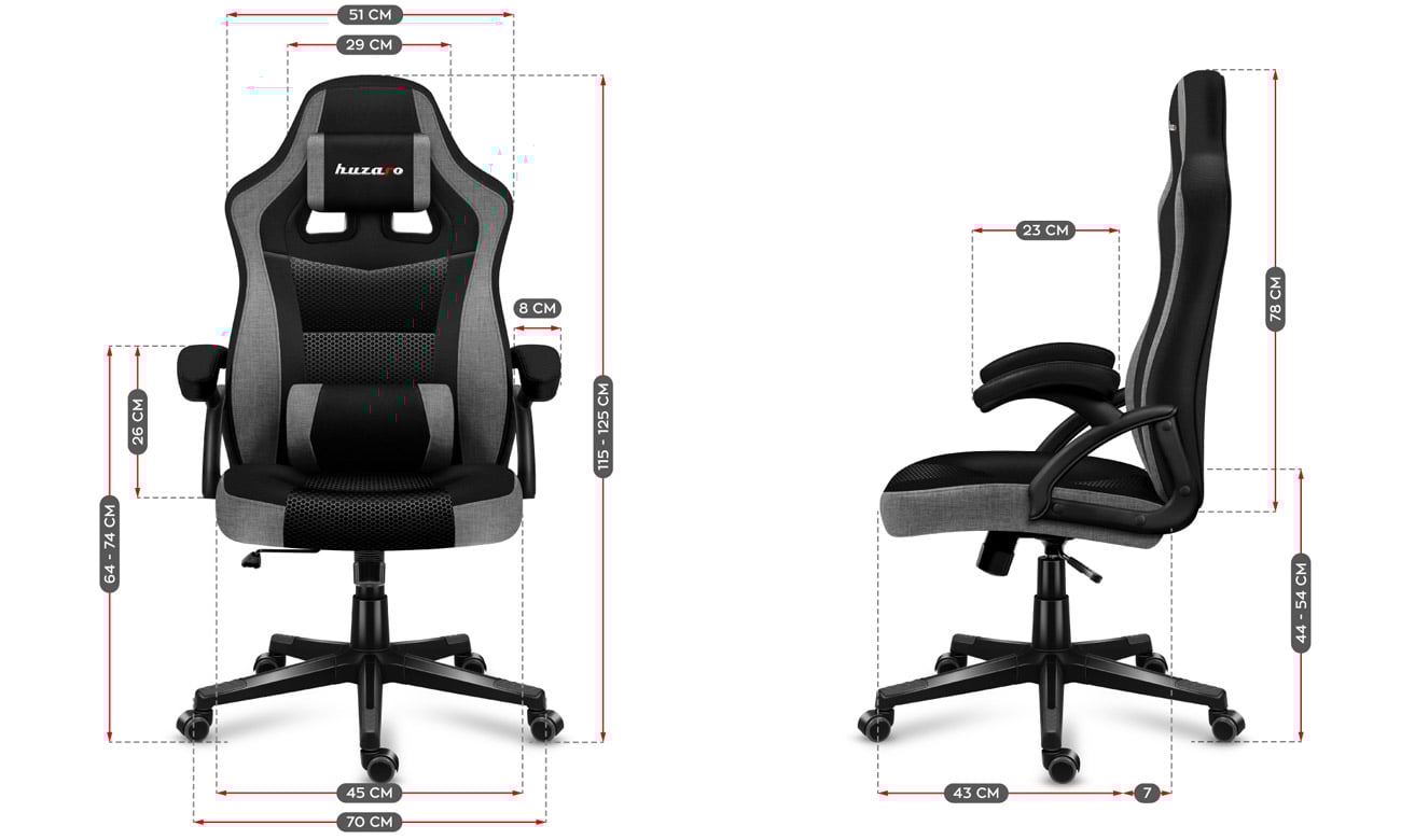 Fotel gamingowy Huzaro Force 4.2 Grey Mesh - Widok od przodu i z boku z wymiarami