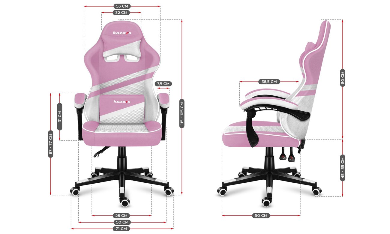 Fotel gamingowy Huzaro Force 4.4 Pink Mesh - Grafika z wymiarami