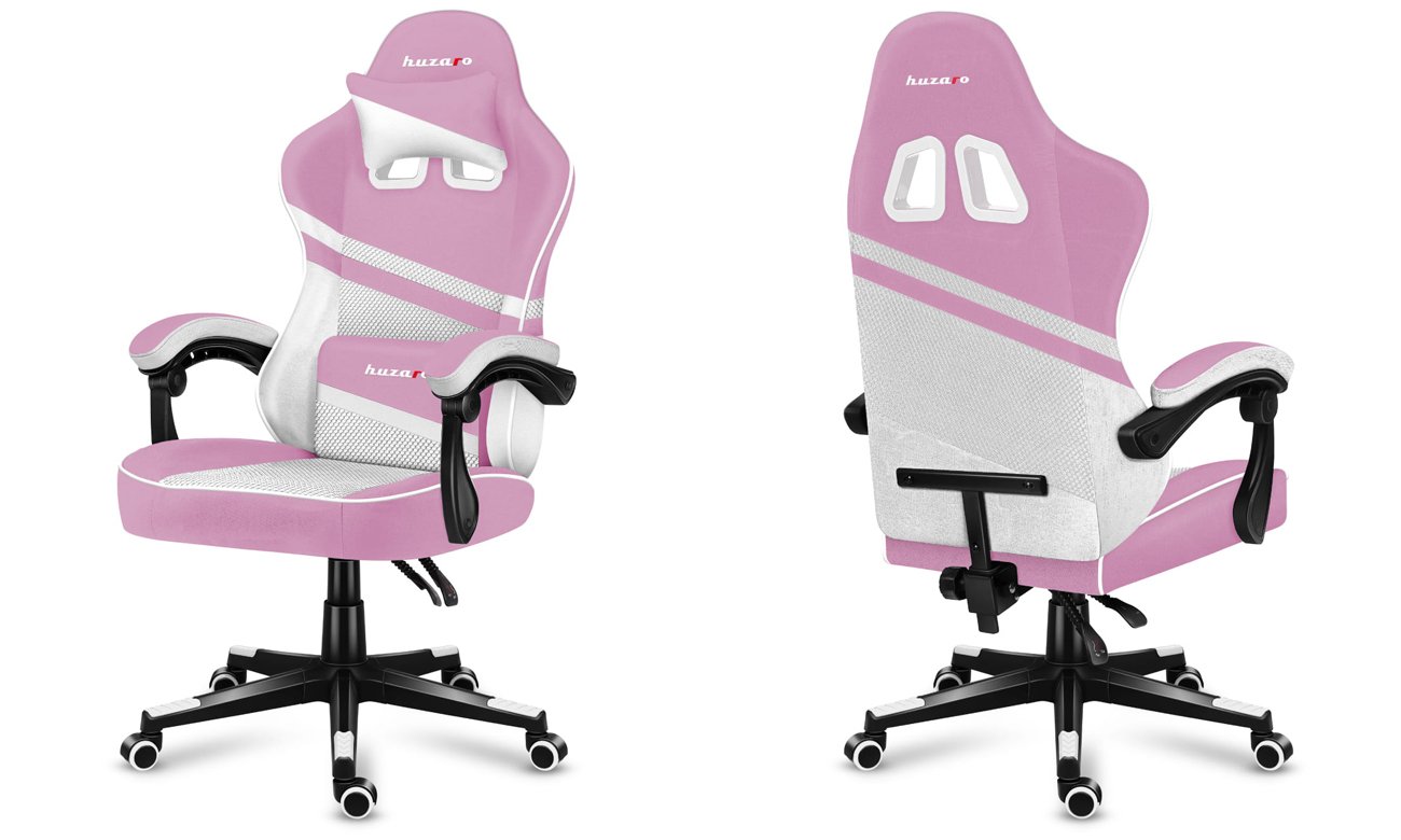 Fotel gamingowy Huzaro Force 4.4 Pink Mesh - Widok od przodu i od tyłu pod kątem