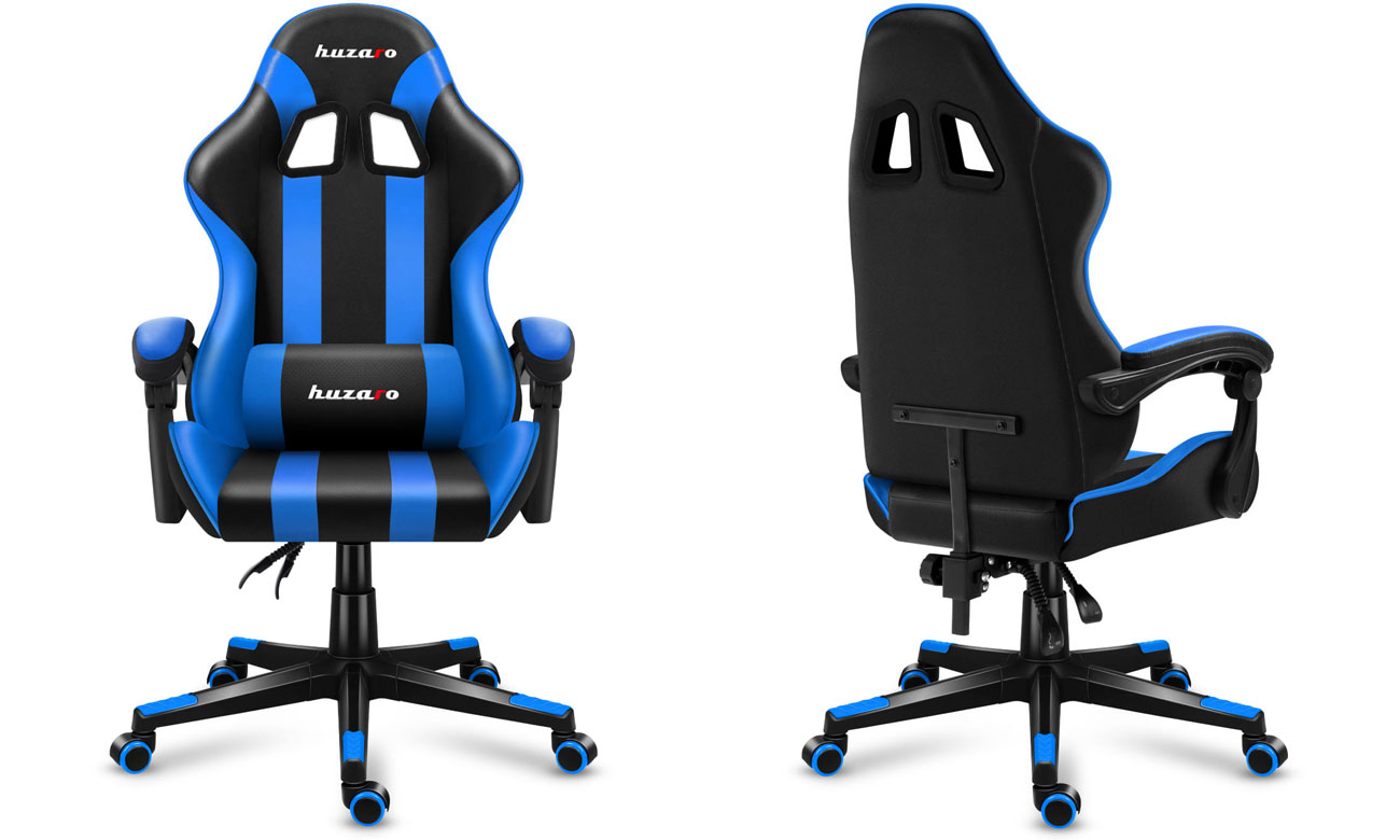 Fotel gamingowy Huzaro Force 4.5 Blue - Widok z przodu i z tyłu pod kątem